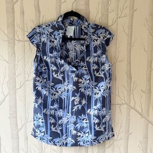 NWOT Devon Baer Silk Cap‎ Sleeve Ruffle Blue Tropical Floral Print Blouse- Size